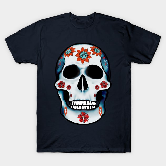 Blue floral skull with red flowers T-Shirt by Cobb's Creations